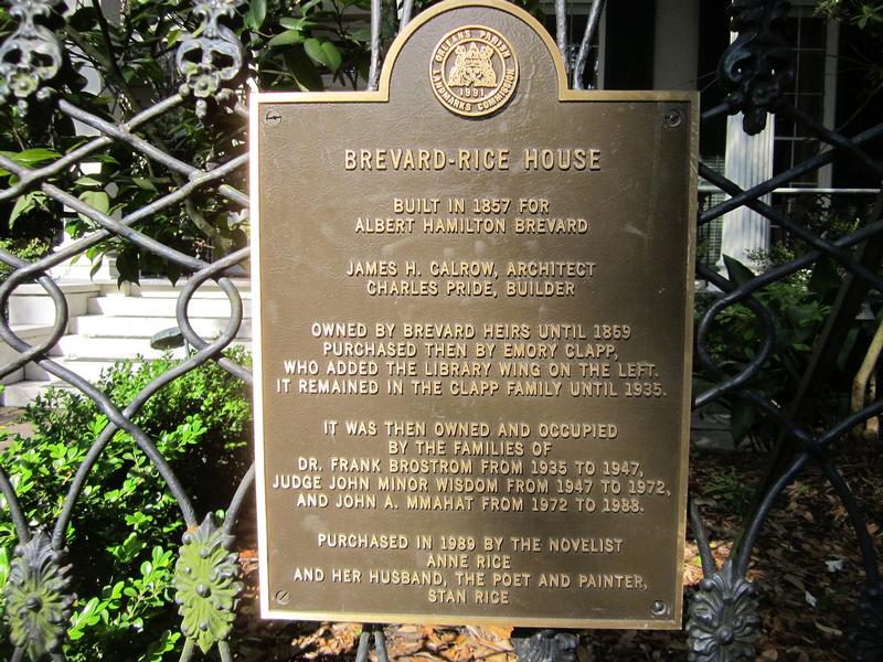 Brevard-Rice House Plaque - New Orleans - History's Homes