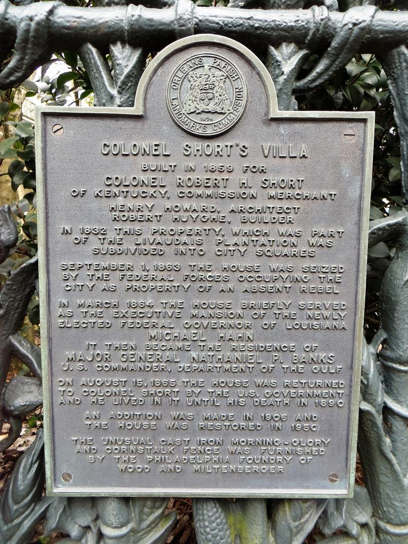 Colonel Short's Villa plaque - New Orleans - History's Homes